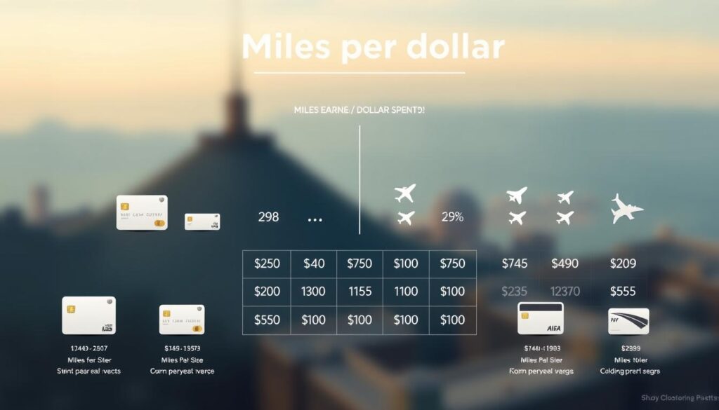A meticulously detailed infographic showcasing a side-by-side "miles per dollar" comparison for various travel credit cards. The foreground features clean, precisely rendered credit card icons arranged neatly, while the middle ground displays a grid of numerical values and icons representing the miles earned per dollar spent. The background subtly blends a soft gradient in muted travel-inspired hues, creating a professional, informative, and visually engaging composition. Carefully balanced lighting accentuates the clarity of the data visualization, shot from a slight bird's-eye angle to convey a sense of authority and attention to detail.