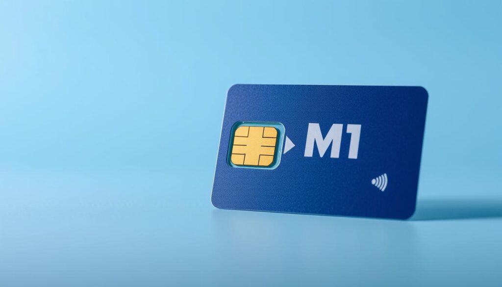 A meticulously detailed shot of an M1 branded prepaid data SIM card in Singapore. The SIM card is the focal point, presented against a crisp, minimalist background with a subtle blue gradient. The lighting is soft and diffused, highlighting the glossy, premium texture of the SIM card. The camera is positioned at a slight angle, giving the image a sense of depth and dimension. The entire composition conveys a modern, tech-savvy atmosphere, perfectly suited to illustrate the section on M1's prepaid SIM card offerings.