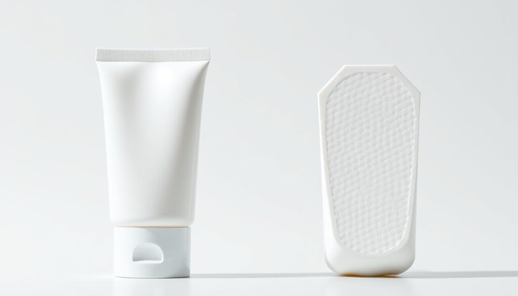 A meticulously detailed side-by-side comparison of chemical and mineral sunblock formulations, showcased against a clean, minimalist backdrop. The chemical sunblock, with its sleek, translucent texture, stands in contrast to the mineral sunblock's distinctive white, opaque appearance. Subtle highlights illuminate the key differences in their molecular structures, while a soft, diffused lighting emphasizes the nuanced textures and finishes of each product. The overall mood is one of scientific clarity, inviting the viewer to explore the unique properties and benefits of these two distinct sunblock types.