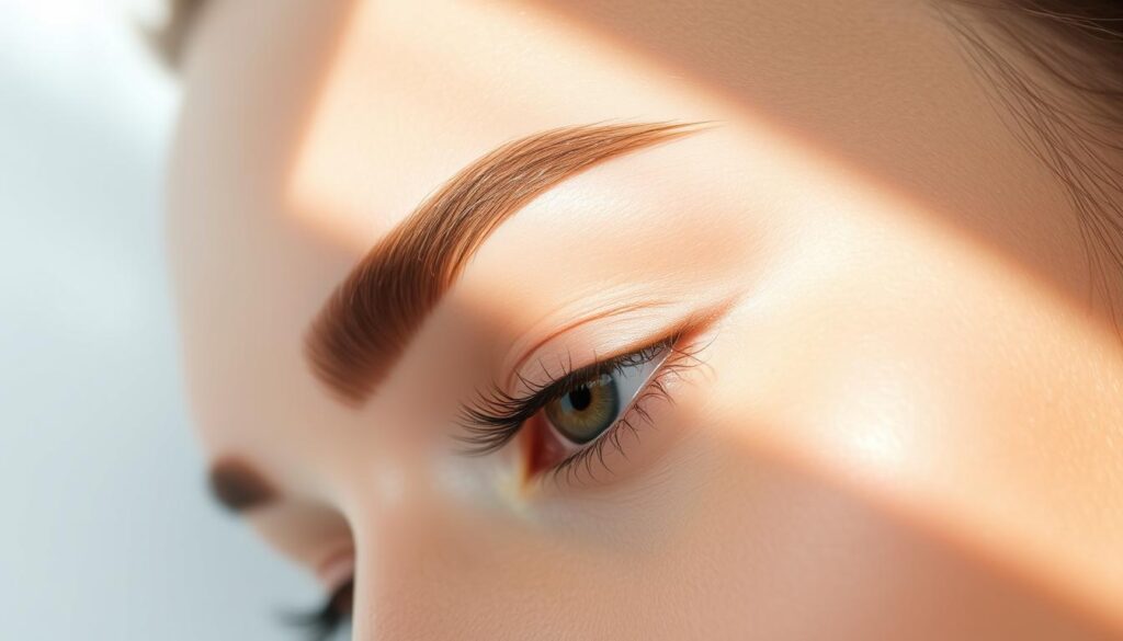 A meticulously groomed brow with precise microblading and feathery strokes, set against a pristine white backdrop. Soft, natural lighting casts gentle shadows, accentuating the delicate arch and defined edges. The brow hairs appear lush and perfectly shaped, the result of skilled, high-end techniques. The overall mood is one of elegant refinement, reflecting the expertise of a master "browtisan" in facial aesthetics.