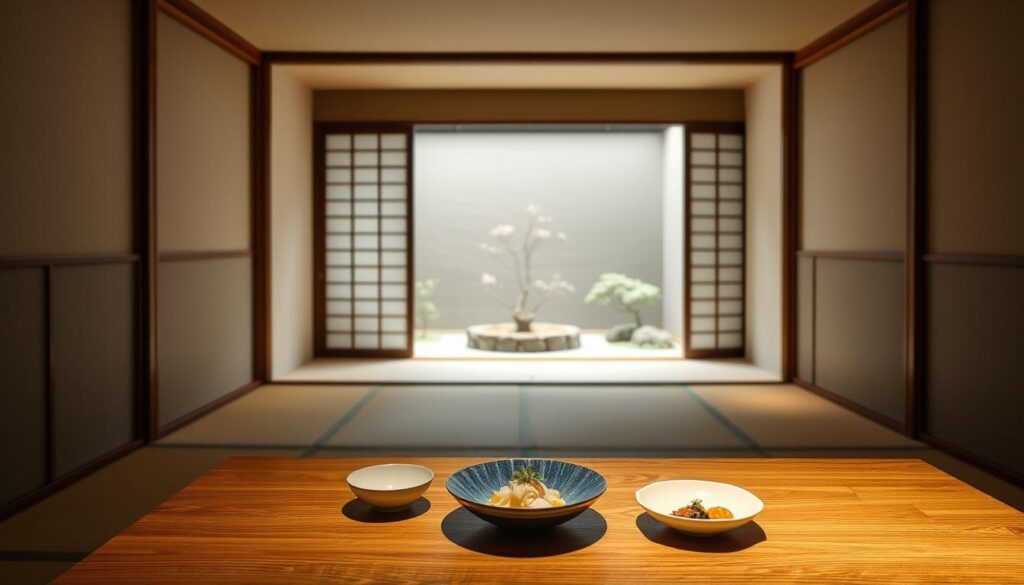 A minimalist Japanese interior with a serene, intimate atmosphere. In the foreground, a beautifully presented kaiseki course on a wooden table, with delicate porcelain dishes and artful garnishes. The middle ground features a small, meticulously maintained zen garden visible through a large window, casting a soft, natural light into the space. The background showcases traditional shoji screens and a single, artfully placed ikebana floral arrangement, creating a sense of refined elegance. The overall scene exudes a palpable sense of tranquility and attention to detail, perfectly capturing the essence of a Michelin-starred kaiseki dining experience.