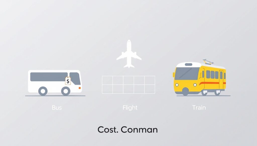 A minimalist, graphical illustration depicting a cost comparison between bus, flight, and train travel options. In the foreground, three distinct transportation icons - a bus, an airplane, and a train - stand in a clean, organized arrangement, each accompanied by a clear price tag. The middle ground features a simple grid layout, allowing for easy visual comparison of the relative costs of each mode of transportation. The background is a muted, gradient-based color palette, providing a clean, uncluttered canvas that allows the key information to take center stage. The overall design is sleek, modern, and highly legible, creating an effective visual aid for the article's "Cost Comparison" section.