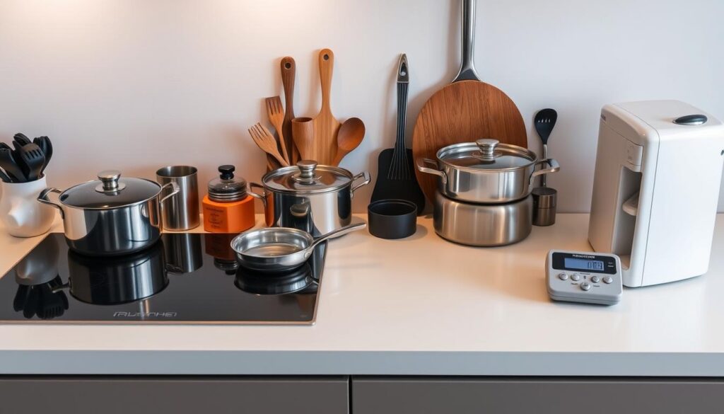 A minimalist kitchen countertop with a variety of kitchen tools and appliances neatly arranged, including a stainless steel induction cooktop, various pots and pans, cooking utensils, and a digital kitchen scale. The scene is bathed in soft, warm lighting, creating a cozy and inviting atmosphere. The background is a neutral-toned wall, allowing the kitchen items to be the focal point. The overall composition conveys a sense of efficiency, organization, and thoughtful consideration of the essential elements needed for a well-equipped kitchen.