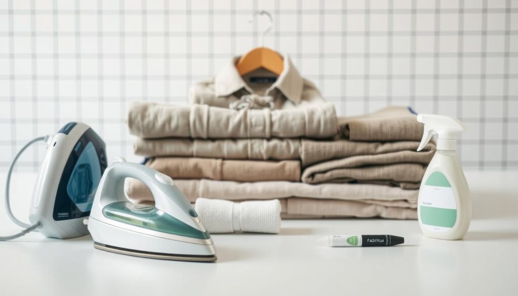 A minimalist still life showcasing a comprehensive garment care buying guide. In the foreground, various household care products are neatly arranged, including a steam iron, fabric softener, and a stain removal pen. The middle ground features carefully folded garments in muted tones, hinting at the guide's focus. The background is a clean, bright workspace with a subtle grid pattern, suggesting an organized and informative presentation. The lighting is soft and diffused, creating a calming, educational atmosphere. Captured from a slightly high angle, the composition emphasizes the guide's practicality and attention to detail.