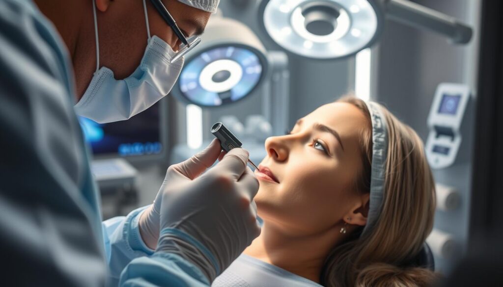 A minimally invasive glaucoma surgery taking place in a well-lit, modern ophthalmology clinic. The foreground depicts the surgeon's hands delicately manipulating microscopic surgical instruments, performing a precise, intricate procedure on the patient's eye. The middle ground shows the patient's face in profile, their expression serene and trusting. The background features sleek, state-of-the-art medical equipment and a calming, neutral color palette, conveying a sense of advanced, compassionate care. Soft, diffused lighting illuminates the scene, creating an atmosphere of clinical professionalism and patient comfort.
