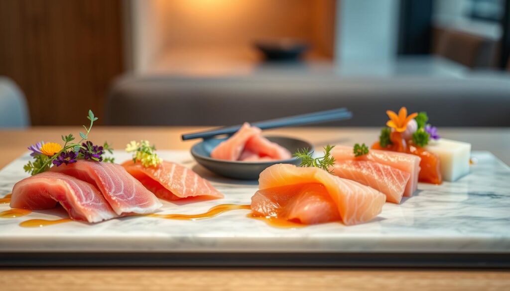 A modern, Japanese fusion sashimi display on a sleek, minimalist table. In the foreground, delicate slices of tuna, salmon, and yellowtail sashimi artfully arranged with vibrant garnishes like microgreens, edible flowers, and a drizzle of citrus-infused soy sauce. The middle ground features a shallow dish of pickled ginger and a pair of elegant chopsticks, setting the stage for the exquisite seafood. The background is a softly blurred, serene Japanese-inspired setting, perhaps with a hint of natural wood tones and a subtle, ambient lighting that casts a warm glow over the scene, highlighting the fresh, high-quality ingredients.