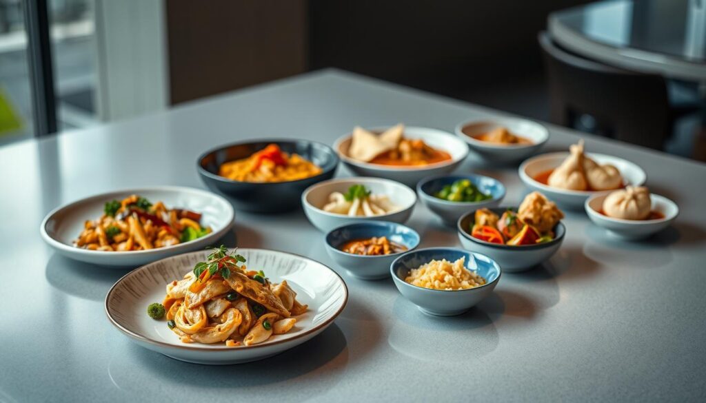 A modern Malaysian food scene unfolds on a sleek, minimalist table. In the foreground, a plate showcases a meticulously plated dish, its flavors a harmonious blend of traditional ingredients reimagined with a contemporary twist. Behind it, an assortment of small plates and bowls reveal the diversity of Malaysian cuisine, from fragrant curries to delicate finger foods. The lighting is soft and natural, highlighting the vibrant colors and textures of the dishes. The composition is balanced, with clean lines and a sophisticated, urban ambiance that evokes the dynamic food culture of Singapore. The overall mood is one of culinary innovation, where ancient recipes meet modern sensibilities to create a feast for the senses.