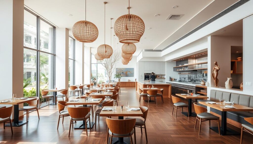 A modern Singaporean restaurant interior with a sleek, minimalist design. The space is filled with natural light, streaming in through floor-to-ceiling windows that overlook a serene, lush garden. Polished wood floors and tables complement the clean, white walls, while carefully curated decor elements, such as intricate rattan light fixtures and abstract sculptures, add a touch of elevated sophistication. The kitchen is open, allowing diners to catch glimpses of the chefs artfully preparing contemporary interpretations of classic Singaporean dishes. A soft, warm color palette and muted tones create a calming, refined atmosphere, inviting guests to savor the culinary experience.