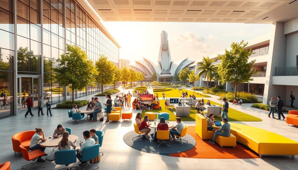 A modern, airy campus with a sleek, glass-paneled facade bathed in warm natural light. In the foreground, students engage in collaborative discussions around colorful, ergonomic furniture, while high-tech learning stations and interactive displays populate the middle ground. The background features lush, manicured landscaping and futuristic architectural elements, conveying a sense of innovation and forward-thinking. The overall atmosphere is one of vibrant, engaged learning, where the built environment seamlessly supports and enhances the educational experience.