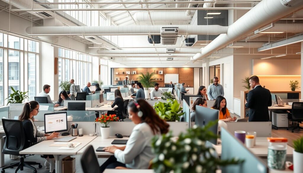 A modern, airy office space with ergonomic workstations, vibrant collaboration hubs, and ample natural light. Employees engage in lively discussions, sharing ideas and working together seamlessly. The atmosphere is one of productivity, creativity, and a strong sense of community. In the background, a sleek, minimalist design with clean lines and thoughtful decor. Warm, soft lighting casts a welcoming glow, while a mix of natural and artificial elements creates a balanced, employee-centric environment. The scene conveys a progressive, people-focused workplace that prioritizes employee well-being and empowerment.
