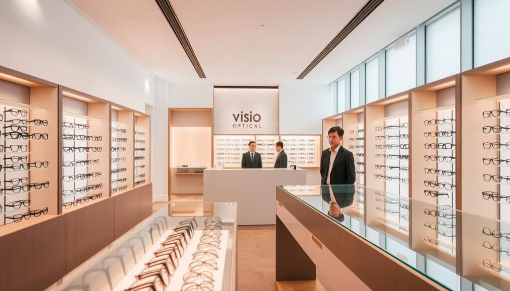 A modern and chic optical boutique, Visio Optical in Singapore showcases a sleek, minimalist interior with floor-to-ceiling windows that flood the space with natural light. In the foreground, an elegant display of eyewear frames in a range of styles and materials catches the eye, inviting customers to explore. The middle ground features a minimalist service counter, staffed by knowledgeable opticians who provide personalized consultations. In the background, the boutique's clean, contemporary design is accentuated by warm, soft lighting that creates a welcoming and luxurious ambiance, perfect for the discerning clientele seeking exceptional eyewear and optical services.