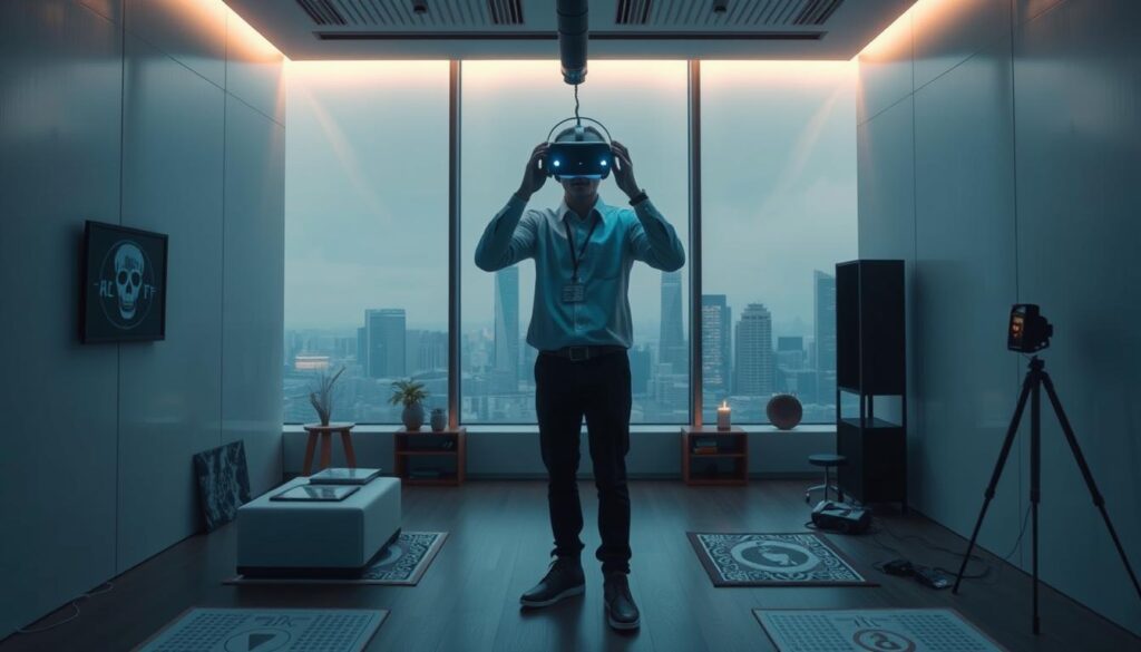 A modern and immersive virtual escape room in Singapore, with sleek and minimalist interior design. A player stands in the center, wearing a high-tech VR headset and motion-tracking equipment, fully immersed in a detailed 3D digital environment. Soft, cool-toned lighting illuminates the room, creating an atmosphere of mystery and excitement. Intricate puzzles and interactive elements are scattered throughout the virtual space, challenging the player to think critically and work their way through the escape scenario. The background showcases the city skyline through large panoramic windows, adding to the sense of being transported to a different reality.