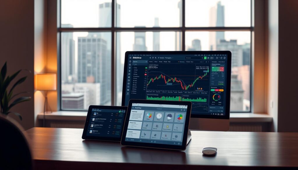 A modern and intuitive online brokerage platform with a clean, minimalist interface. In the foreground, a sleek desktop computer displays real-time stock data and trading tools, bathed in warm, soft lighting. The middle ground features a tablet device showcasing user-friendly portfolio management features, while the background depicts a serene cityscape through a large window, evoking a sense of professionalism and financial acumen. The overall atmosphere is one of simplicity, accessibility, and confidence, catering to the needs of beginner investors.