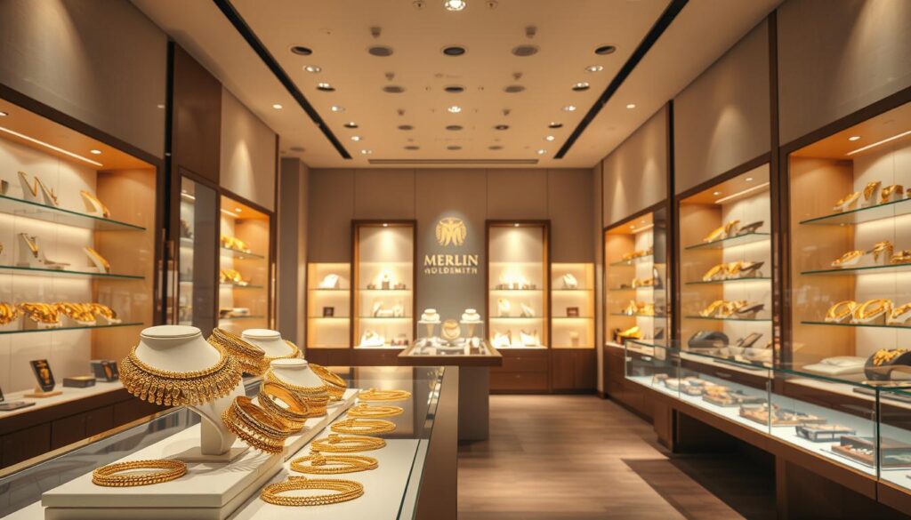 A modern and luxurious interior of the Merlin Goldsmith store, bathed in warm, soft lighting. The foreground features a sleek glass display showcasing an array of exquisite gold jewelry, with a focus on intricate necklaces and bracelets. In the middle ground, elegant shelves line the walls, displaying more jewelry pieces in an organized and visually appealing manner. The background reveals a minimalist, yet sophisticated ambiance, with subtle details like spotlights and a neutral color palette that enhances the overall high-end atmosphere. The scene conveys a sense of exclusivity, quality, and exceptional customer experience, reflecting the reputation of Merlin Goldsmith as a premier gold shop in Singapore.