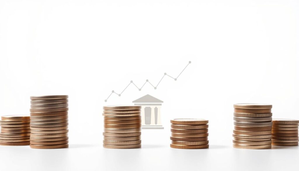 A modern and sleek comparison of promotional and standard bank interest rates, showcased on a minimalist white backdrop. In the foreground, two stacks of coins of varying heights, representing the different rate levels. Centered between them, a simple line graph illustrates the rate fluctuations, with clean, geometric shapes and a muted color palette. The middle ground features a subtle bank building silhouette, hinting at the financial institution context. The background is a soft, uniform gradient, allowing the core elements to take center stage. Crisp, directional lighting casts gentle shadows, enhancing the sense of depth and dimensionality. An elegant, data-driven representation of the "Promotional Rates vs. Standard Rates" comparison.