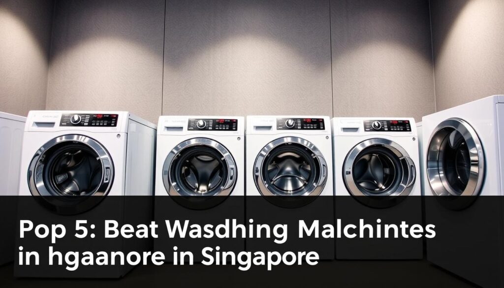 A modern and sleek showroom of high-quality front load washing machines, showcased against a neutral grey backdrop. The machines are arranged in a neat row, their clean lines and chrome accents gleaming under the soft, diffused lighting. The machines are presented at an angle, allowing a clear view of their control panels and transparent doors, revealing their advanced features. The scene conveys a sense of professionalism and quality, befitting the "Top 5 Front Load Washing Machines in Singapore" section of the article.