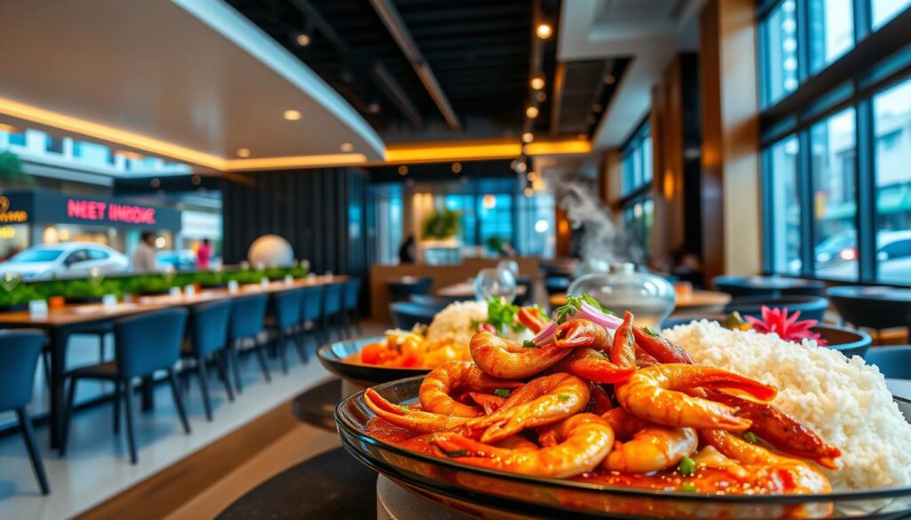 A modern and vibrant tzechar restaurant in Singapore, with a fusion twist on traditional Singaporean flavors. The foreground features an array of delectable dishes, including a steaming plate of seafood in a spicy-savory sauce, accompanied by fragrant rice and colorful garnishes. In the middle ground, the restaurant's sleek and minimalist interior design is visible, with warm lighting and clean lines creating an inviting atmosphere. The background showcases the bustling streets of Singapore, hinting at the city's dynamic culinary scene. The overall image conveys a sense of refined and innovative Singaporean cuisine, blending the old and the new.