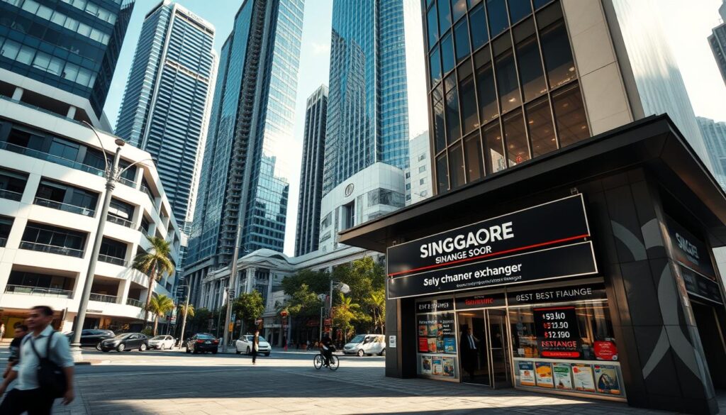 A modern cityscape of Singapore's financial district, with high-rise buildings and sleek architecture. In the foreground, a prominent money changer storefront prominently displays its exchange rates, inviting passersby to get the best deals. The lighting is bright and natural, casting long shadows that convey a sense of dynamic movement. The scene is captured from a slightly elevated angle, allowing the viewer to take in the bustling activity and energy of this commercial hub. The overall mood is one of efficiency, opportunity, and the vibrant pulse of a thriving international metropolis.