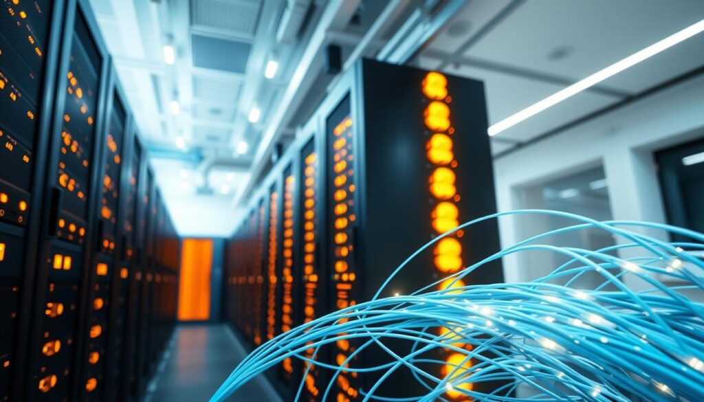 A modern data center with rows of high-performance servers, glowing with a warm amber lighting. In the foreground, an intricate network of fiber optic cables, twisted and braided, symbolizing the lightning-fast connectivity of the latest fibre broadband technology. The background is a clean, minimalist space with sleek, angular architecture, hinting at the cutting-edge nature of the infrastructure. The overall scene conveys a sense of power, efficiency, and technological sophistication, perfectly capturing the essence of "fastest fibre broadband".
