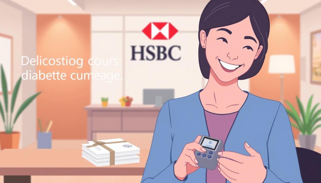 A modern, elegant illustration showcasing HSBC's diabetes care coverage. In the foreground, a smiling person with diabetes checking their blood sugar level on a digital device. The middle ground features a stack of medical documents and an HSBC logo, conveying the comprehensive healthcare support. The background depicts a warm, inviting office setting with clean lines, natural lighting, and a sense of professionalism and trust. The overall tone is one of empowerment, care, and financial security for those managing diabetes.