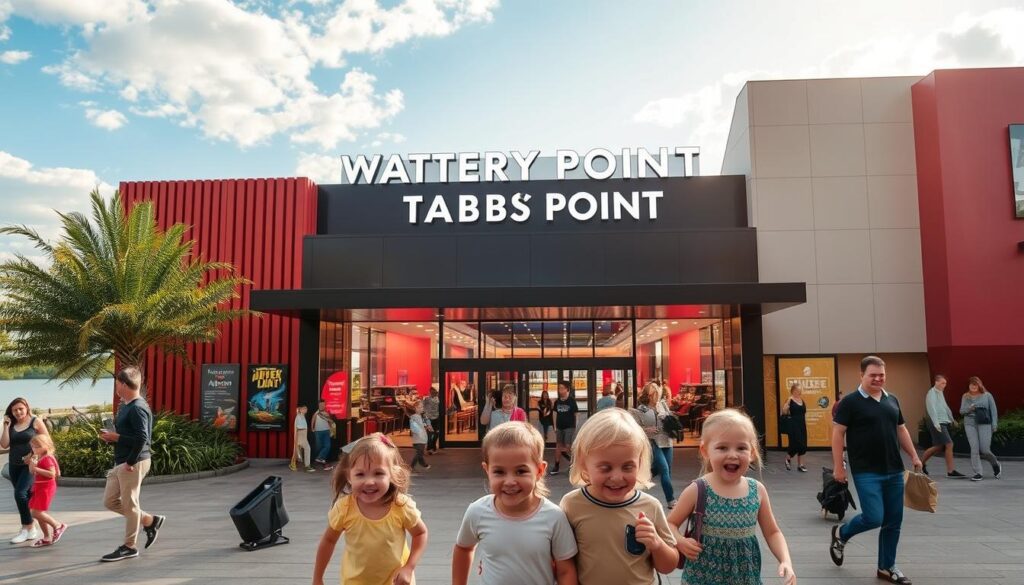 A modern, family-friendly cinema nestled within the bustling Waterway Point complex, with a vibrant and welcoming atmosphere. The entrance is bathed in warm, natural lighting, inviting passersby to step inside and enjoy the latest blockbusters. In the foreground, a group of smiling children and their parents eagerly make their way towards the ticket booths, anticipation written on their faces. The middle ground showcases the cinema's sleek, contemporary design, with clean lines and large windows providing a sense of openness. In the background, the tranquil waterway and lush greenery of the surrounding landscape create a serene, picturesque setting, complementing the cinema's family-friendly vibe.