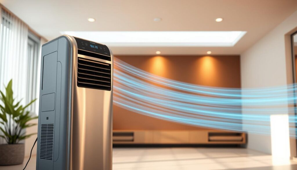 A modern, high-efficiency air conditioning unit stands prominently in the foreground, its sleek metallic exterior gleaming under warm, directional lighting. In the middle ground, airflow visualization effects illustrate the optimal circulation patterns, with cool air gently dispersing throughout the room. The background features a minimalist, contemporary interior design, emphasizing the integration of the cooling system into the overall aesthetic. The composition conveys a sense of technological sophistication and thermal comfort, capturing the essence of maximizing a air cooler's performance.