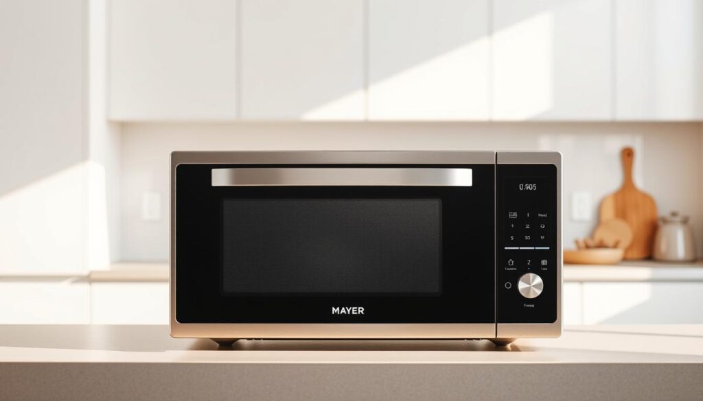 A modern, high-quality Mayer MMMW20 20L microwave oven, showcased in a bright, minimalist kitchen setting. The oven's sleek, stainless steel exterior gleams under warm, natural lighting, accentuating its clean, refined design. The front panel displays the oven's key features, including its digital controls, large viewing window, and intuitive touch interface. The oven is positioned on a neutral-toned countertop, with a backdrop of simple, white cabinetry and walls, creating a harmonious, uncluttered atmosphere. The overall composition emphasizes the oven's functional elegance and its seamless integration into a contemporary kitchen environment.