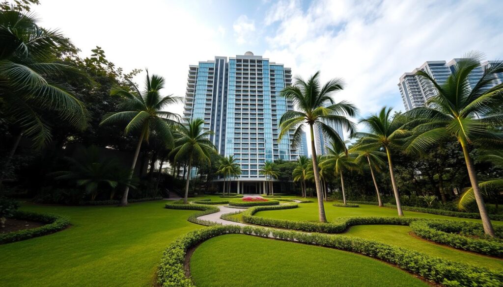 A modern, high-rise condo building nestled in a lush, verdant setting, its glass-paneled facade reflecting the azure sky above. The foreground features a well-manicured, landscaped garden, with a meandering path leading to the building's graceful entrance. In the middle ground, rows of tall, swaying palm trees frame the view, hinting at the tropical climate. The background showcases the silhouettes of other high-rise structures, indicating the proximity to the city center and top educational institutions. Soft, diffused lighting creates a warm, inviting atmosphere, while a wide-angle lens captures the harmonious blend of architecture and nature. This condo represents the ideal balance of urban convenience and educational accessibility in Singapore.