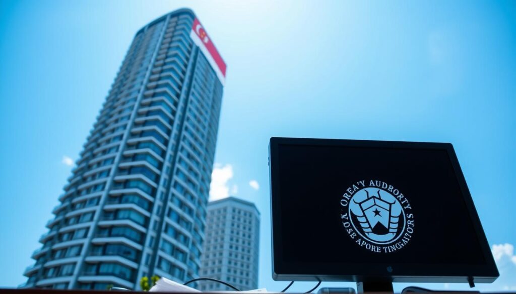 A modern high-rise office building set against a clear blue sky, with the Singaporean flag prominently displayed. In the foreground, a desk with a computer monitor showing the Monetary Authority of Singapore logo, surrounded by financial documents and a mobile phone. The lighting is bright and clean, conveying a sense of professionalism and authority. The camera angle is slightly low, emphasizing the scale and significance of the regulatory institution. The overall mood is one of stability, diligence, and a commitment to maintaining a well-regulated financial ecosystem.