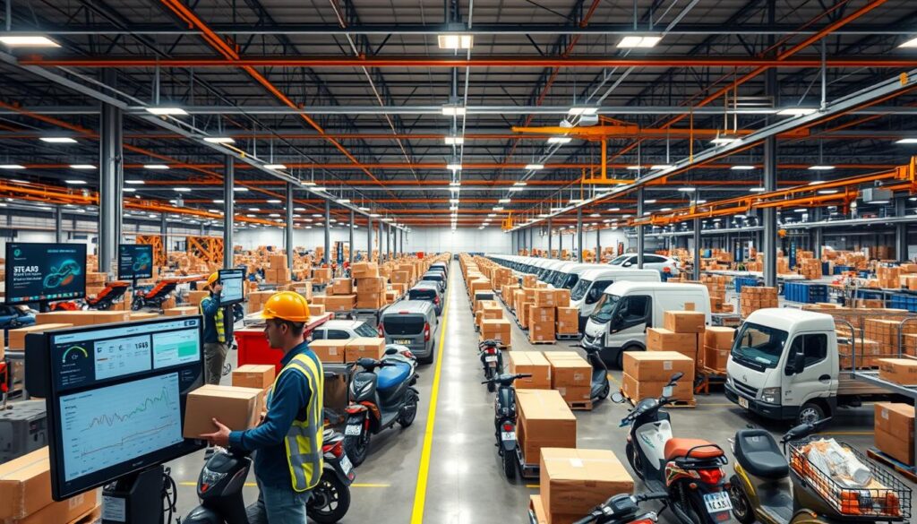 A modern logistics center with a bustling hub of activity. In the foreground, a team of couriers expertly manage packages on a real-time tracking dashboard, monitoring delivery statuses and routes. The middle ground showcases an array of delivery vehicles, from electric scooters to cargo vans, ready to dispatch. In the background, a sprawling network of conveyor belts and sorting machinery hums with efficiency, ensuring seamless package flow. Bright, directional lighting illuminates the scene, casting a sense of technological sophistication. The overall atmosphere conveys a well-oiled, reliable courier service that prioritizes real-time visibility and on-time performance.