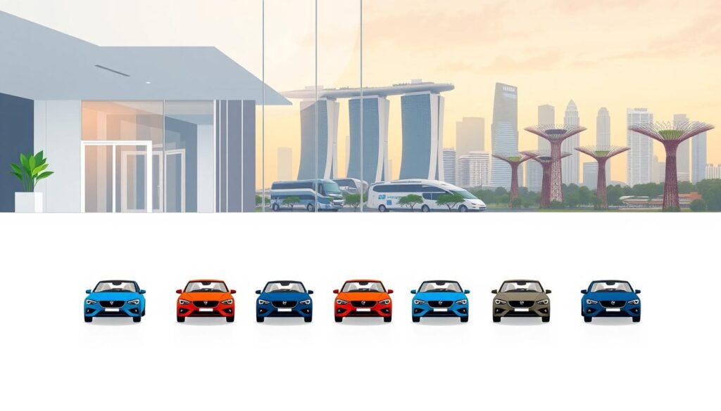 A modern, minimalist illustration of a car rental selection guide for Singapore. In the foreground, a clean, well-designed grid of car model thumbnails, each with a subtle highlight to draw the eye. The middle ground features a sleek, contemporary car rental office with large windows and a minimalist aesthetic. The background showcases the iconic Singapore skyline, including the Marina Bay Sands and the Supertree Grove, bathed in a warm, golden hour lighting. The overall composition conveys a sense of professionalism, efficiency, and the high-quality car rental experience available in Singapore.