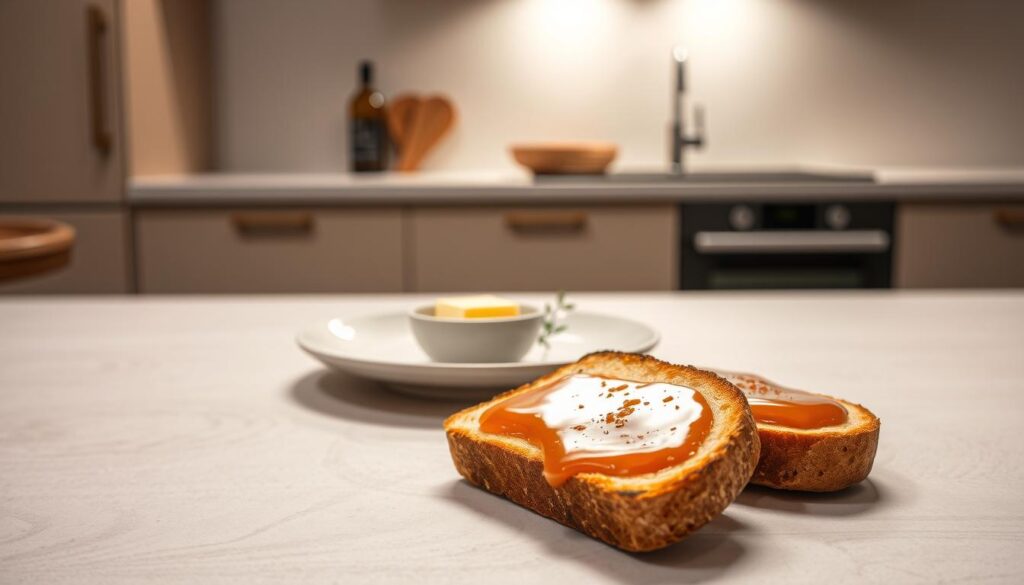 A modern, minimalist interpretation of the iconic Singaporean kaya toast. In the foreground, two artfully arranged slices of golden-brown toast, drizzled with a glistening layer of rich, coconut-infused kaya jam. The middle ground features a sleek, contemporary ceramic plate, a small dish of fragrant butter, and a delicate sprig of greenery, adding a touch of freshness. The background showcases a clean, modern kitchen setting with muted tones and geometric patterns, creating a stylish, sophisticated ambiance. Soft, diffused lighting casts a warm glow, accentuating the textures and colors of the scene. The overall composition is simple yet elegant, capturing the essence of a contemporary take on this beloved Singaporean breakfast staple.