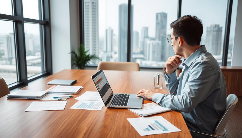 A modern office interior with a large wooden desk, a laptop, and various financial documents and charts. In the foreground, a person sits at the desk, thoughtfully considering loan repayment options displayed on the laptop screen. Soft, diffused lighting illuminates the scene, creating a calm and contemplative atmosphere. The background features a large window overlooking a cityscape, providing a sense of context and professionalism. The overall composition emphasizes the importance of carefully evaluating loan repayment strategies for a successful financial outcome.