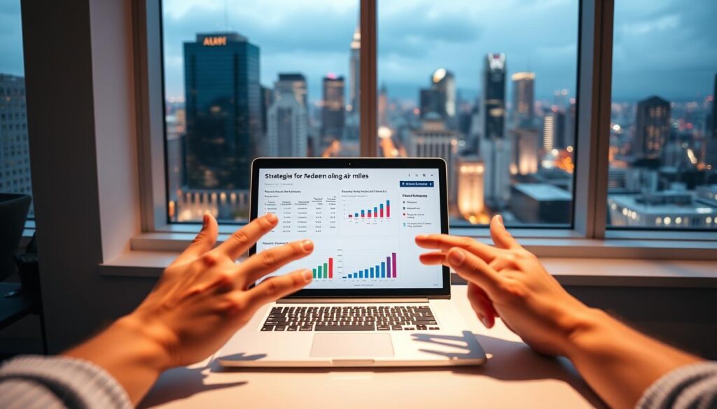 A modern office space with a large window overlooking a bustling city skyline. On the desk, a laptop displays various strategies for redeeming air miles, with colorful charts and graphs. In the foreground, a person's hands are gesturing towards the screen, highlighting key insights. Soft, directional lighting illuminates the scene, creating a sense of focus and productivity. The overall mood is one of efficiency and optimization, reflecting the task of maximizing air miles redemptions.