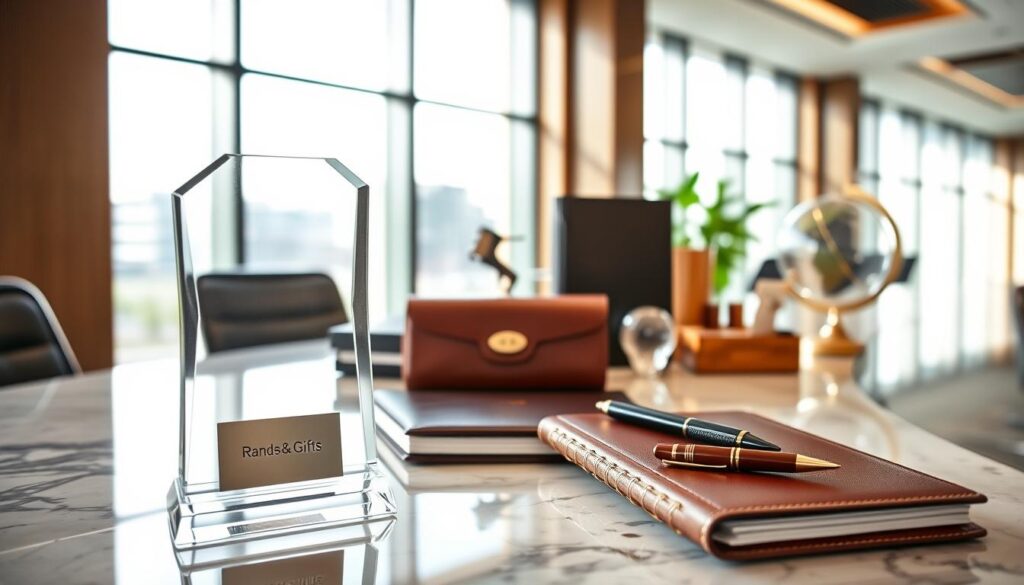 A modern office space with a polished marble desk, showcasing an arrangement of high-quality corporate gifts. In the foreground, a sleek, minimalist glass trophy with a metallic engraved plaque. Beside it, a leather-bound notebook and a set of elegant ballpoint pens. In the middle ground, a luxurious leather-bound portfolio, a crystal desk globe, and a polished wooden desk organizer. In the background, large windows provide natural lighting, casting a warm, professional glow over the scene. The overall atmosphere conveys a sense of sophistication, attention to detail, and a commitment to employee and client appreciation. A modern office space with a polished marble desk, showcasing an arrangement of high-quality corporate gifts. In the foreground, a sleek, minimalist glass trophy with a metallic engraved plaque. Beside it, a leather-bound notebook and a set of elegant ballpoint pens. In the middle ground, a luxurious leather-bound portfolio, a crystal desk globe, and a polished wooden desk organizer. In the background, large windows provide natural lighting, casting a warm, professional glow over the scene. The overall atmosphere conveys a sense of sophistication, attention to detail, and a commitment to employee and client appreciation.