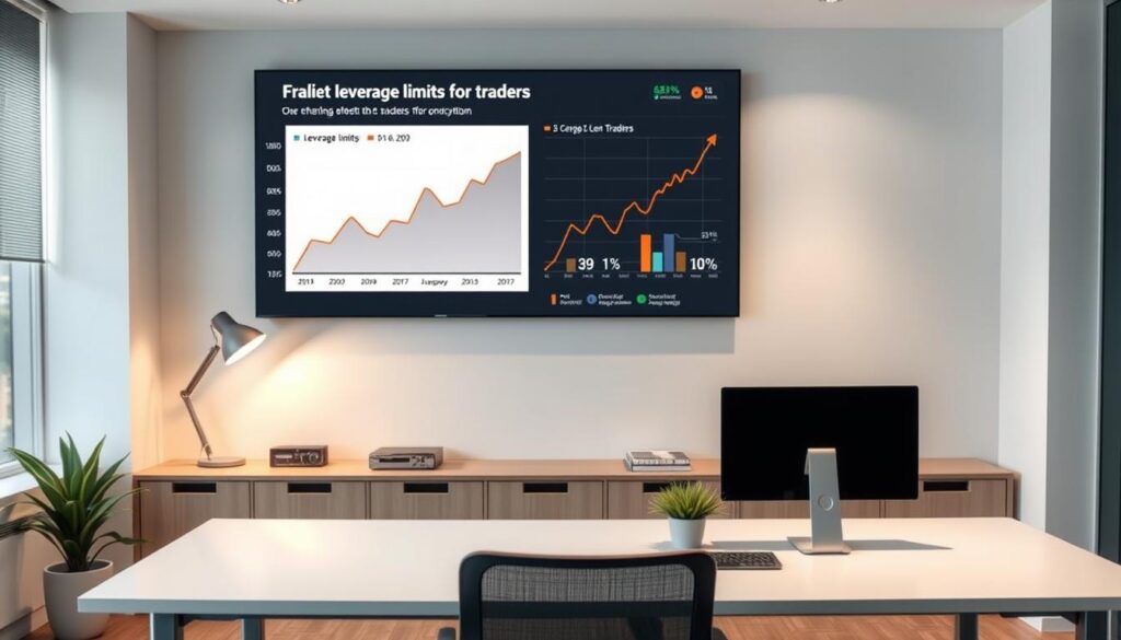 A modern office workspace with a minimalist design, featuring a large desk with a computer setup, a desk lamp, and a potted plant. In the background, a wall-mounted display shows a graph with leverage limits for traders, accompanied by icons and infographic elements. The lighting is soft and diffused, creating a professional and focused atmosphere. The camera angle is slightly elevated, capturing the entire scene with a balanced composition.