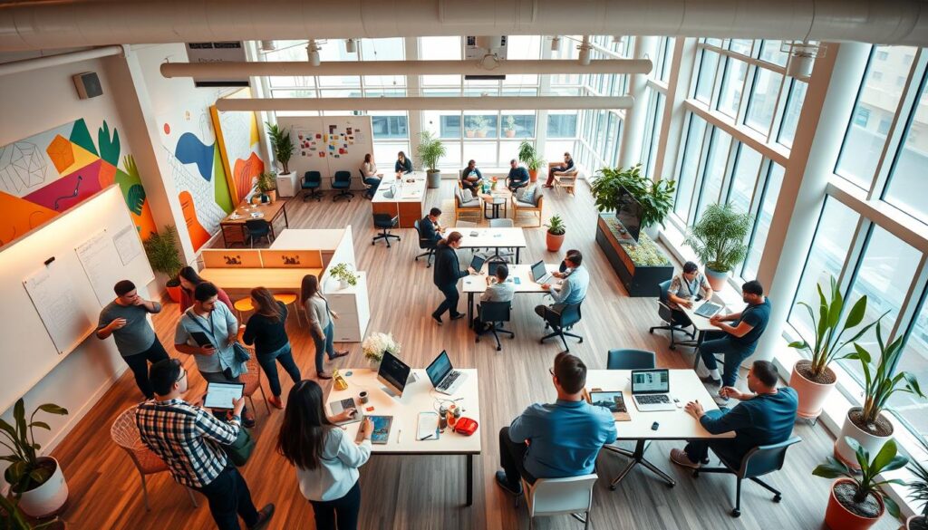 A modern, open-concept Google-style collaborative workspace, flooded with natural light from large windows. In the foreground, a diverse group of employees engaged in animated discussions, gesturing with laptops and whiteboards. The middle ground features a mix of casual seating areas, standing desks, and communal tables, encouraging teamwork and knowledge sharing. In the background, vibrant wall murals, potted plants, and ergonomic furniture create a relaxed, innovative atmosphere. Warm, diffused lighting casts a inviting glow, while a high-angle camera perspective showcases the dynamic, interconnected nature of the workspace.