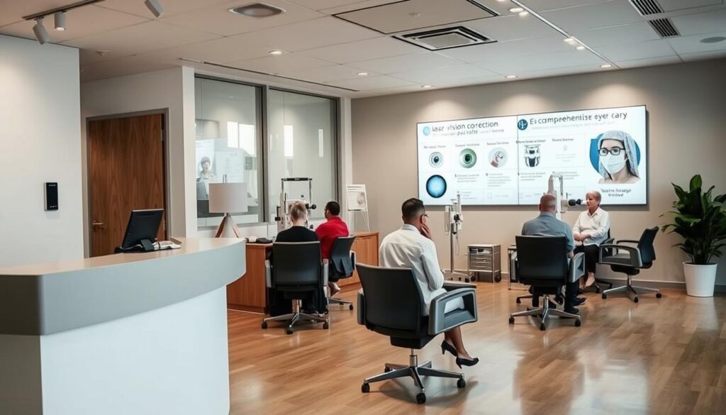 A modern ophthalmology clinic with a sophisticated interior design. The foreground features a receptionist's desk with sleek, minimalist lines and a digital appointment scheduler. In the middle ground, patients are seated in ergonomic chairs, undergoing eye examinations using state-of-the-art equipment. The background showcases a wall-mounted display showcasing various eye care services, including laser vision correction, cataract surgery, and comprehensive eye exams. Soft, indirect lighting creates a calming, professional atmosphere, while large windows provide natural illumination. The overall scene conveys a sense of expert care, advanced technology, and a commitment to patient well-being.