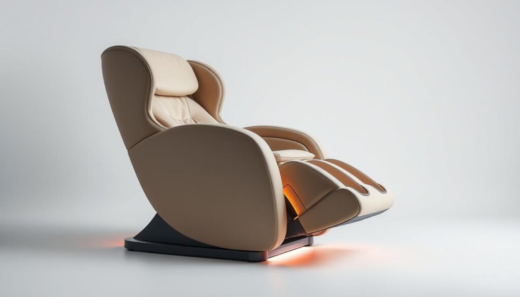 A modern, sleek massage chair designed for targeted foot and calf relief. The chair features a contoured seat and backrest, with an adjustable footrest and calf massager. Soft, supple upholstery in a neutral tone blends seamlessly into a minimalist, Scandinavian-inspired frame. Ambient lighting gently illuminates the chair, creating a soothing, spa-like atmosphere. The massage mechanism provides a deep-kneading, therapeutic massage, with various intensity settings to customize the experience. Captured in a crisp, well-lit studio setting, the chair appears sophisticated and inviting, perfectly suited for a relaxing home or office environment.