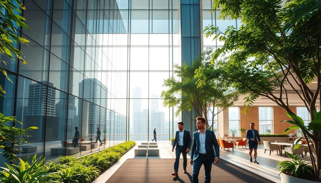 A modern, sleek office building in West Singapore, its glass facade reflecting the city skyline. Stylishly dressed professionals enter and exit, conveying a sense of dynamic creativity. Lush greenery surrounds the building, complementing the contemporary architecture. The interior features open collaborative spaces, minimalist furniture, and natural lighting pouring in through large windows. A tranquil, inspirational atmosphere pervades the scene, capturing the essence of a leading design firm in this vibrant district.