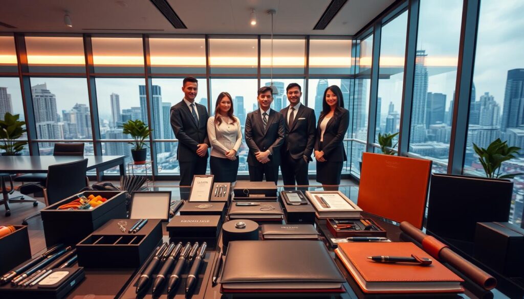A modern, sleek office interior with floor-to-ceiling windows overlooking the bustling cityscape of Singapore. In the foreground, a well-curated display of corporate gift items - premium pens, leather-bound journals, tech accessories, and other high-quality professional items. The lighting is warm and inviting, creating a sophisticated ambiance. In the middle ground, a team of attentive sales representatives in crisp, tailored uniforms, eager to assist corporate clients. The background features the iconic Singapore skyline, showcasing the city's dynamic business landscape. The overall composition conveys a sense of professionalism, attention to detail, and a commitment to providing exceptional corporate gifting solutions. A modern, sleek office interior with floor-to-ceiling windows overlooking the bustling cityscape of Singapore. In the foreground, a well-curated display of corporate gift items - premium pens, leather-bound journals, tech accessories, and other high-quality professional items. The lighting is warm and inviting, creating a sophisticated ambiance. In the middle ground, a team of attentive sales representatives in crisp, tailored uniforms, eager to assist corporate clients. The background features the iconic Singapore skyline, showcasing the city's dynamic business landscape. The overall composition conveys a sense of professionalism, attention to detail, and a commitment to providing exceptional corporate gifting solutions.