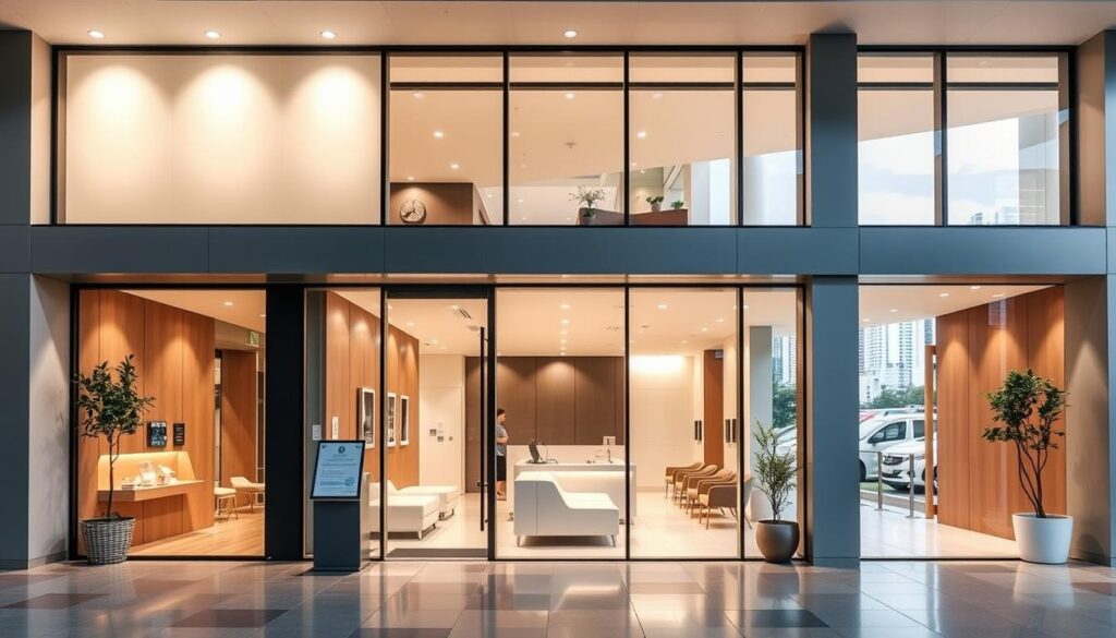 A modern, sophisticated medical clinic with a warm, welcoming atmosphere. The exterior features a sleek, minimalist design with large windows that allow natural light to flood the interior. The front entrance is marked by a subtle sign, indicating the clinic's specialization in pediatric care. The lobby is tastefully decorated, with comfortable seating and a reception desk manned by friendly staff. In the background, the cityscape of Singapore can be seen through the windows, providing a vibrant urban backdrop. The overall impression is one of professionalism, care, and attention to detail, reflecting the high-quality pediatric services offered within.