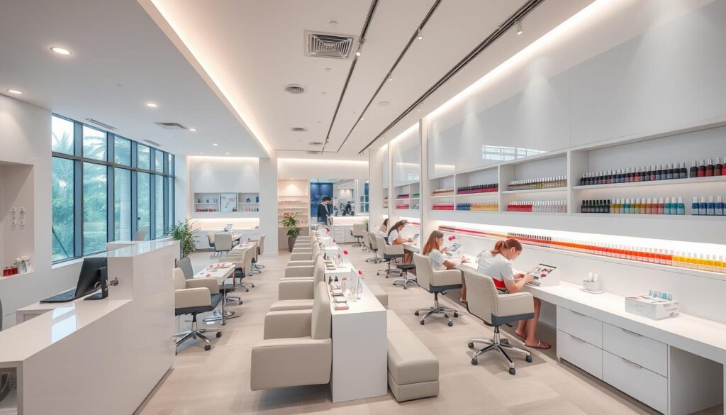 A modern, stylish nail salon in Singapore. The interior is bright and airy, with natural lighting streaming in through large windows. The reception area features a sleek, minimalist design with clean lines and a neutral color palette. In the main salon space, multiple nail stations are set up, each with a comfortable chair and a well-lit work surface. The technicians wear crisp, professional uniforms as they meticulously attend to their clients' nails. A selection of vibrant nail polish colors and manicure tools are neatly displayed on shelves. The overall atmosphere is calming and luxurious, creating an inviting environment for customers to indulge in a pampering nail care experience.