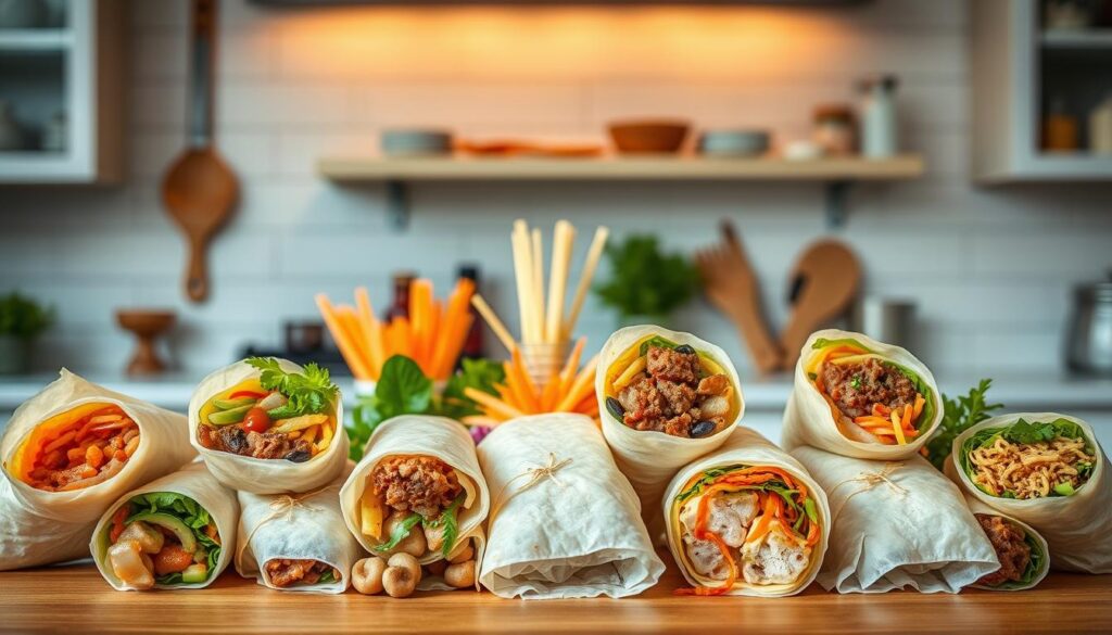 A modern, vibrant display of popiah flavors, captured in a crisp, high-resolution image. In the foreground, an array of freshly prepared popiah rolls, each showcasing a unique and innovative filling - from classic pork and vegetables to unexpected combinations like roasted duck and hoisin sauce. The middle ground features an array of colorful, artfully arranged condiments and toppings, including shredded carrots, crispy fried shallots, and a drizzle of sweet chili sauce. In the background, a minimalist, white-washed kitchen backdrop, allowing the vibrant popiah flavors to take center stage. Warm, natural lighting illuminates the scene, creating a mouthwatering, appetizing atmosphere. The composition is balanced and visually appealing, inviting the viewer to explore the modern interpretations of this classic Singaporean street food.