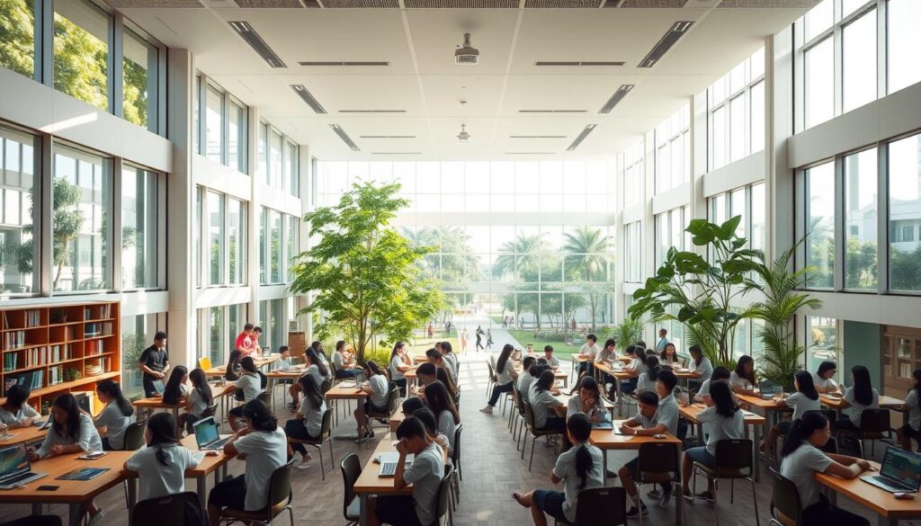 A modern, welcoming campus nestled in the heart of Singapore, with a diverse student body engaged in dynamic, hands-on learning. Sunlight filters through floor-to-ceiling windows, illuminating spacious classrooms equipped with the latest educational technologies. Lush, meticulously landscaped grounds provide ample space for recreation and exploration, fostering a nurturing, community-driven environment. Affordable tuition makes this exceptional international education accessible to families of all backgrounds, empowering the next generation of global citizens.