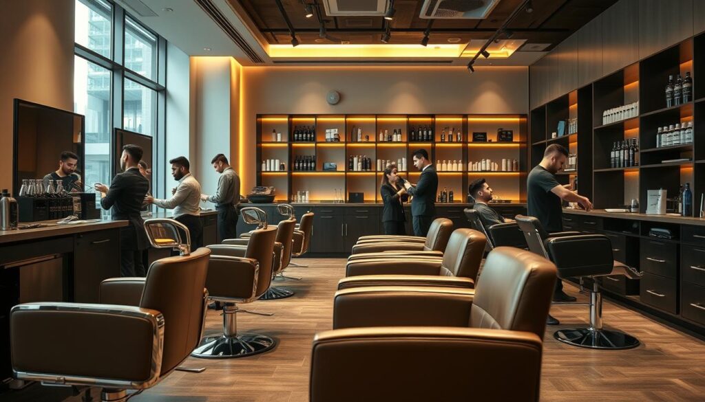 A modern, well-appointed men's hair salon in Singapore, with an inviting and sophisticated ambiance. The foreground features a stylishly appointed cutting station, complete with sleek leather chairs, chrome accents, and professional hairstyling tools. In the middle ground, a team of skilled stylists attentively attending to their clients, delivering personalized haircuts and grooming services. The background showcases the salon's elegant decor, with minimalist shelving displaying premium hair products. Warm, directional lighting creates a luxurious, spa-like atmosphere, while large windows allow natural daylight to flood the space. The overall scene conveys an upscale, yet comfortable setting where discerning men can enjoy top-tier hair services.