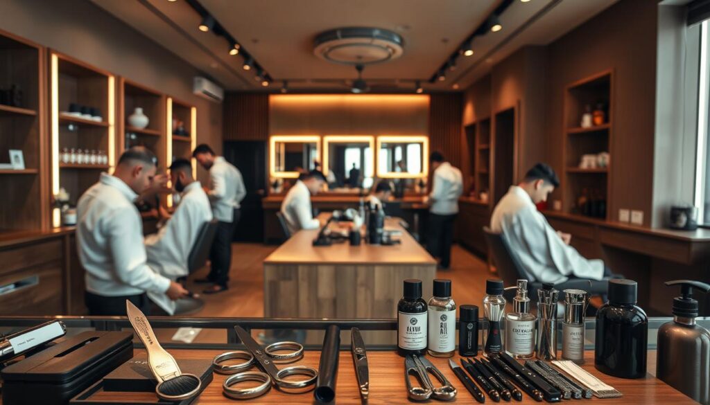 A modern, well-appointed men's salon in Singapore, bathed in warm lighting and exuding an air of sophisticated masculinity. In the foreground, an array of grooming essentials - sleek scissors, straight razors, and an assortment of premium hair products neatly displayed. The middle ground showcases a team of skilled stylists, dressed in crisp white shirts, attending to their clients with precision and attentiveness. In the background, a minimalist, yet elegant interior design featuring natural wood tones, clean lines, and subtle, masculine accents. The overall atmosphere conveys a sense of personalized, high-quality service tailored to the discerning male clientele.