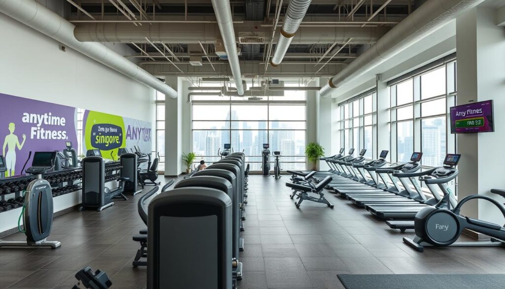 A modern, well-equipped Anytime Fitness gym in Singapore, situated in a bustling urban neighborhood. The interior is bright and spacious, with high ceilings and large windows allowing natural light to flood the space. Sleek, state-of-the-art exercise equipment is arranged in a clean, organized layout, inviting patrons to work out with efficiency and comfort. The walls are adorned with motivational graphics and a touch of greenery, creating a refreshing, energetic atmosphere. In the background, the city skyline is visible through the windows, reinforcing the convenience and accessibility of this gym location. The overall scene conveys a sense of professionalism, quality, and a commitment to helping members achieve their fitness goals.