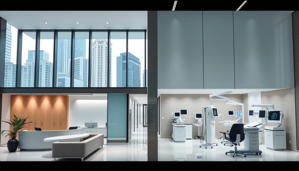 A modern, well-equipped gastroenterology clinic in Singapore, set against a backdrop of the city's iconic skyscrapers. The clinic's facade features a minimalist, clean design with floor-to-ceiling windows, allowing natural light to flood the interior. The lobby is spacious and inviting, with plush seating and a sleek reception desk. In the examination rooms, state-of-the-art medical equipment and diagnostic tools are neatly arranged, conveying a sense of professionalism and attention to detail. The overall atmosphere is one of calm and reassurance, creating a comfortable environment for patients seeking specialized gastrointestinal care.
