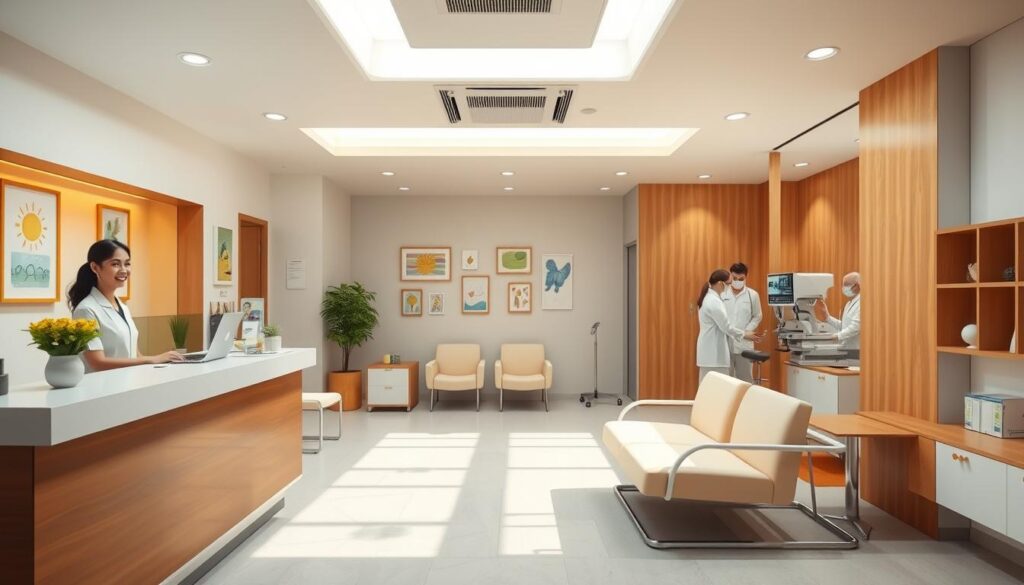 A modern, well-equipped paediatric clinic in Singapore, bathed in warm, natural lighting. In the foreground, a welcoming reception area with a friendly staff member greeting visitors. The middle ground features a cozy waiting room with comfortable seating and calming artwork on the walls, designed to put young patients at ease. In the background, exam rooms equipped with the latest medical technology, where dedicated paediatricians provide attentive care. The overall atmosphere conveys a sense of professionalism, empathy, and a child-friendly environment that prioritizes the well-being of its young patients.